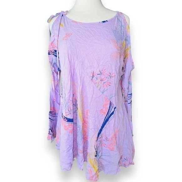 FP1 FREE PEOPLE Lilac Purple Clear Skies Floral Cold Shoulder Tunic Mini Dress X - Picture 2 of 7